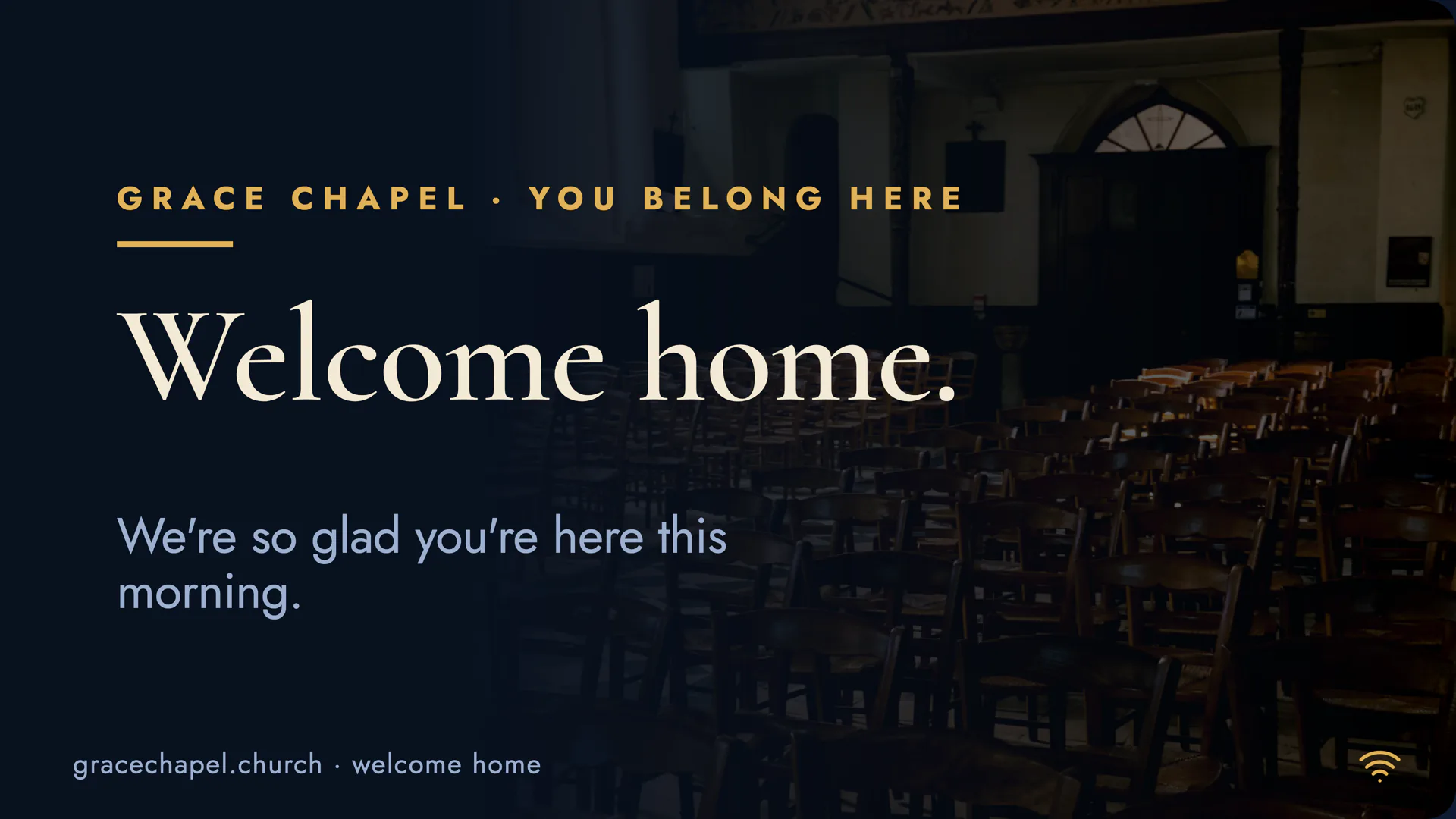 Grace Chapel template — a church welcome slide over a sanctuary photo
