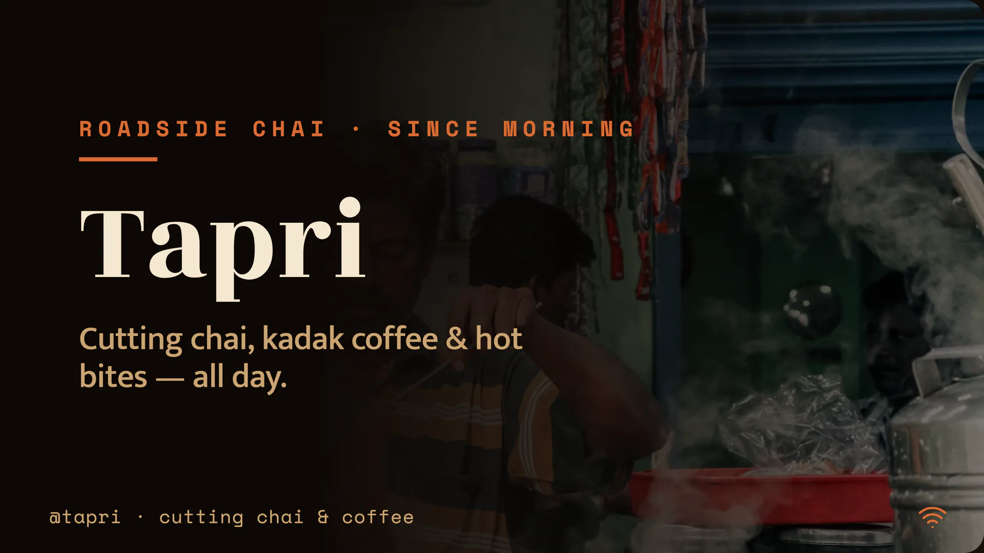 Tapri template — a chai & coffee board slide with a roadside chai photo