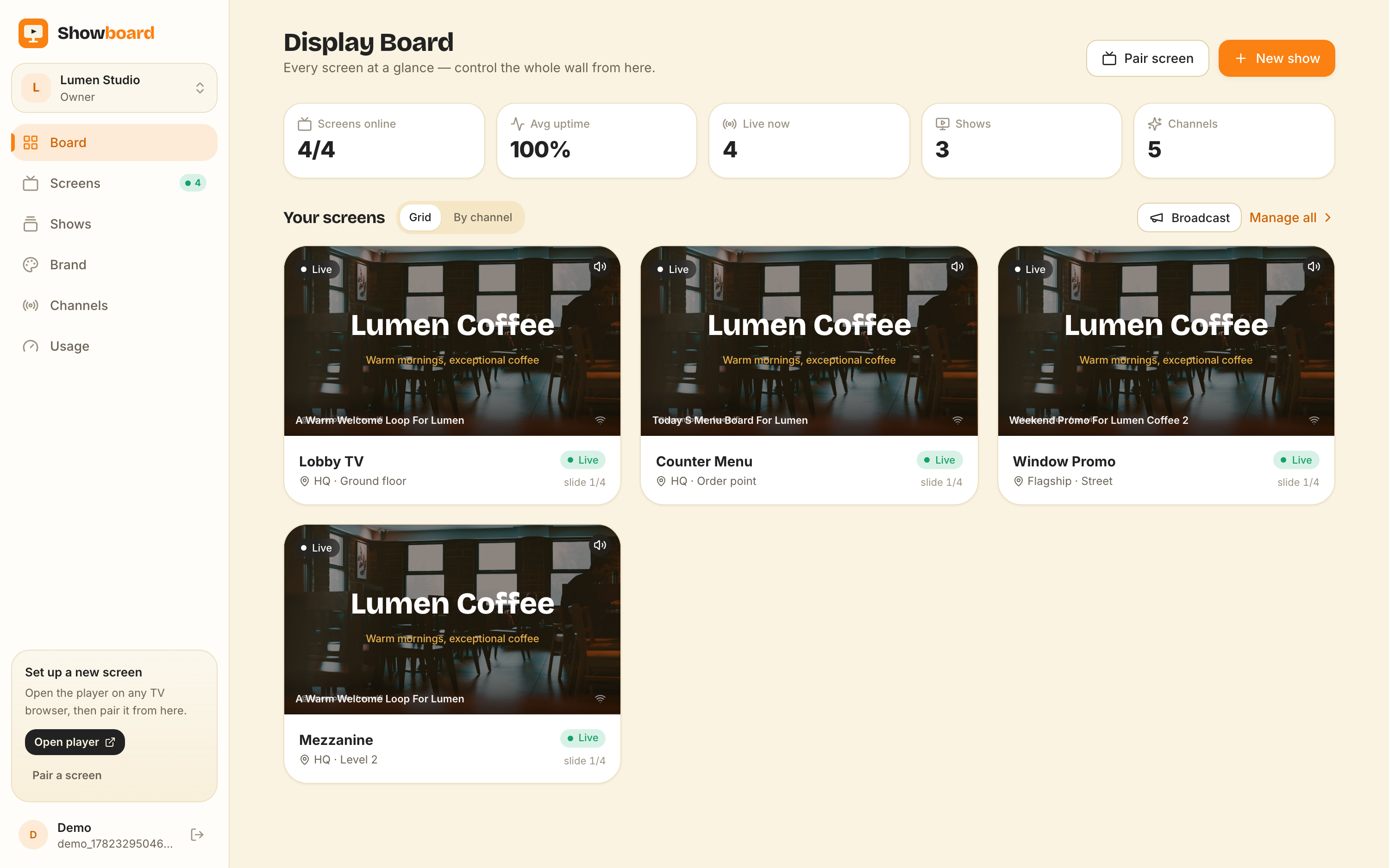 The ChannelOS live board, contrasted with a traditional signage device dashboard