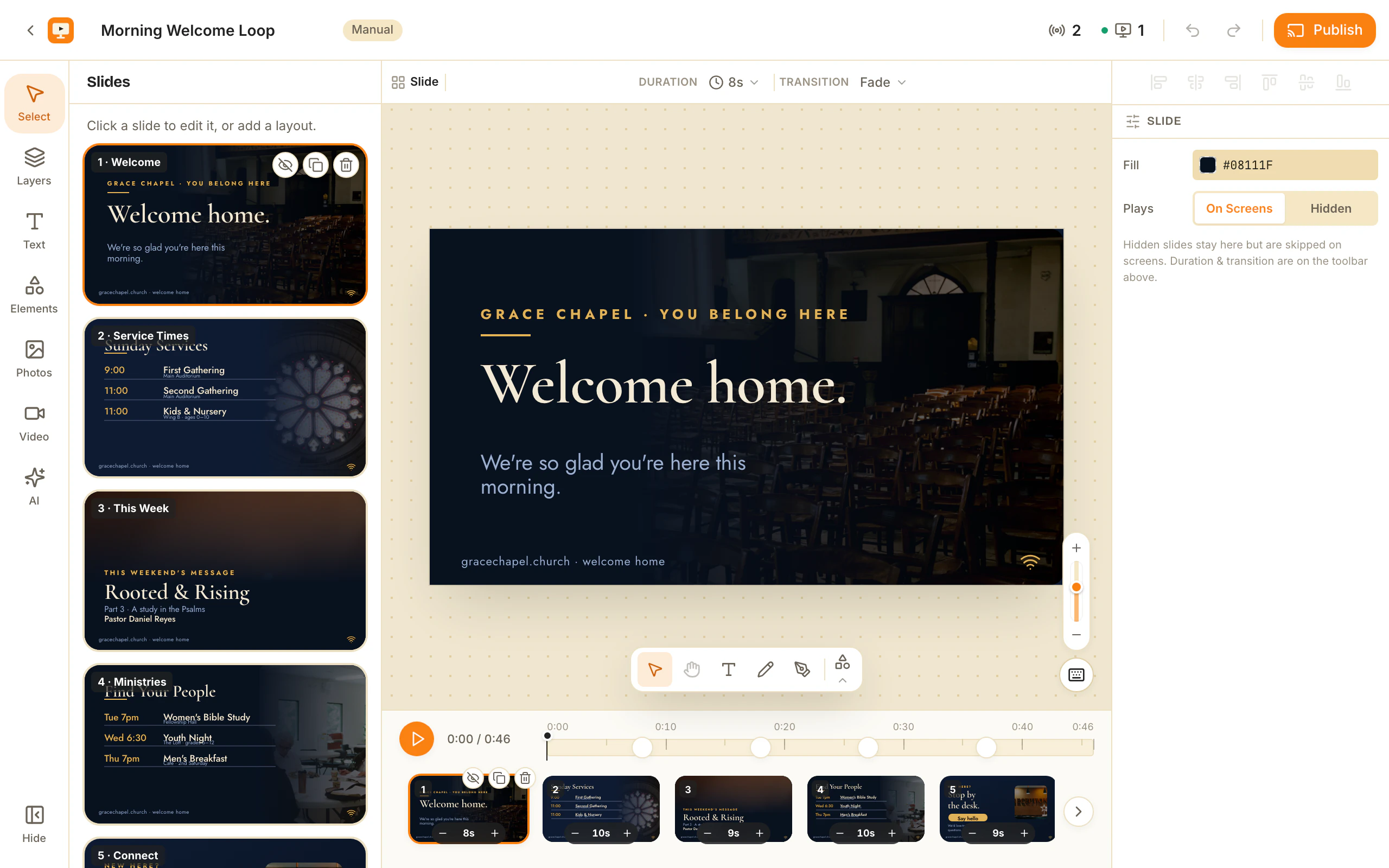 The ChannelOS slide editor, where a shareable template is built