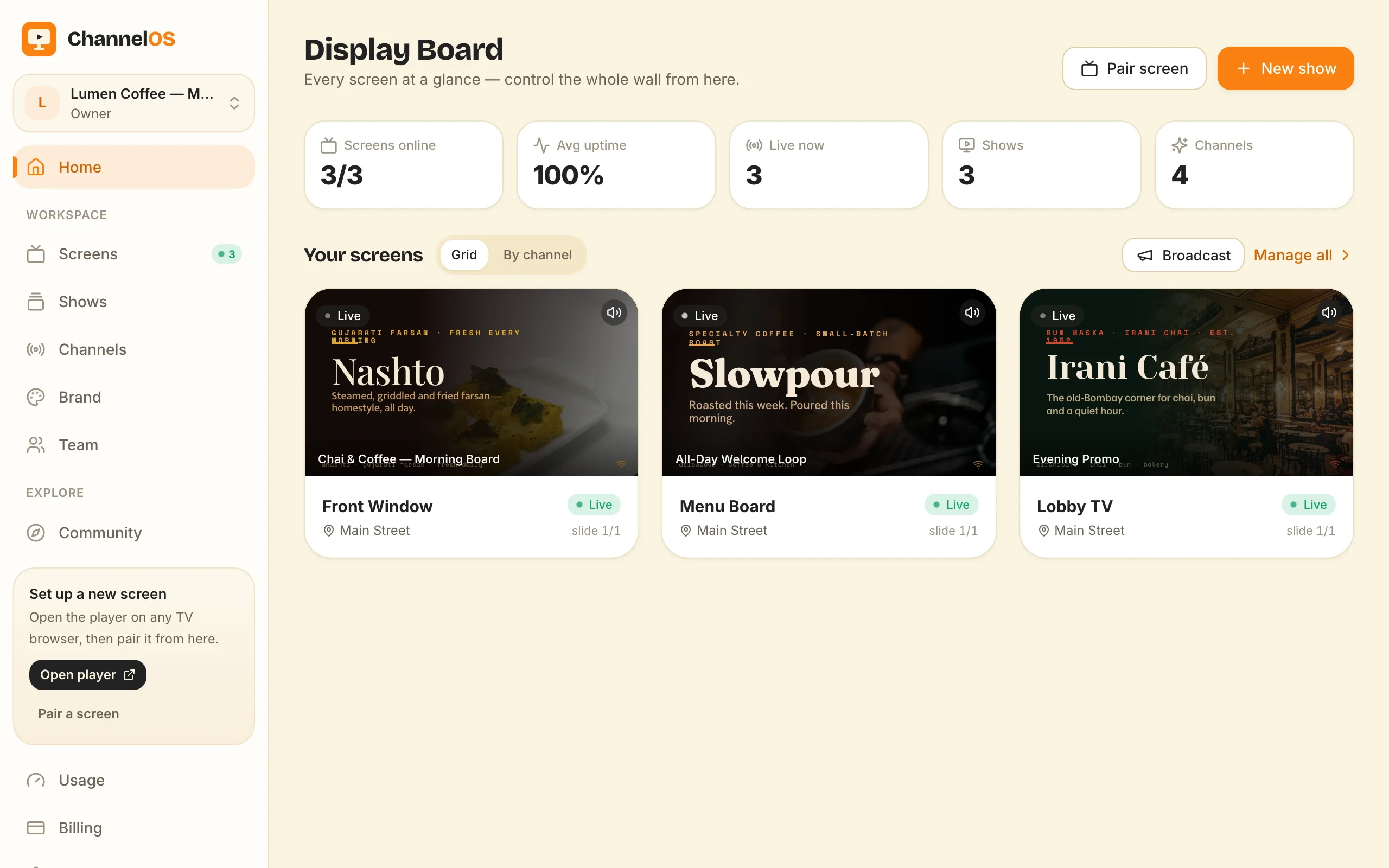 The ChannelOS board grouping many live screens, controllable together