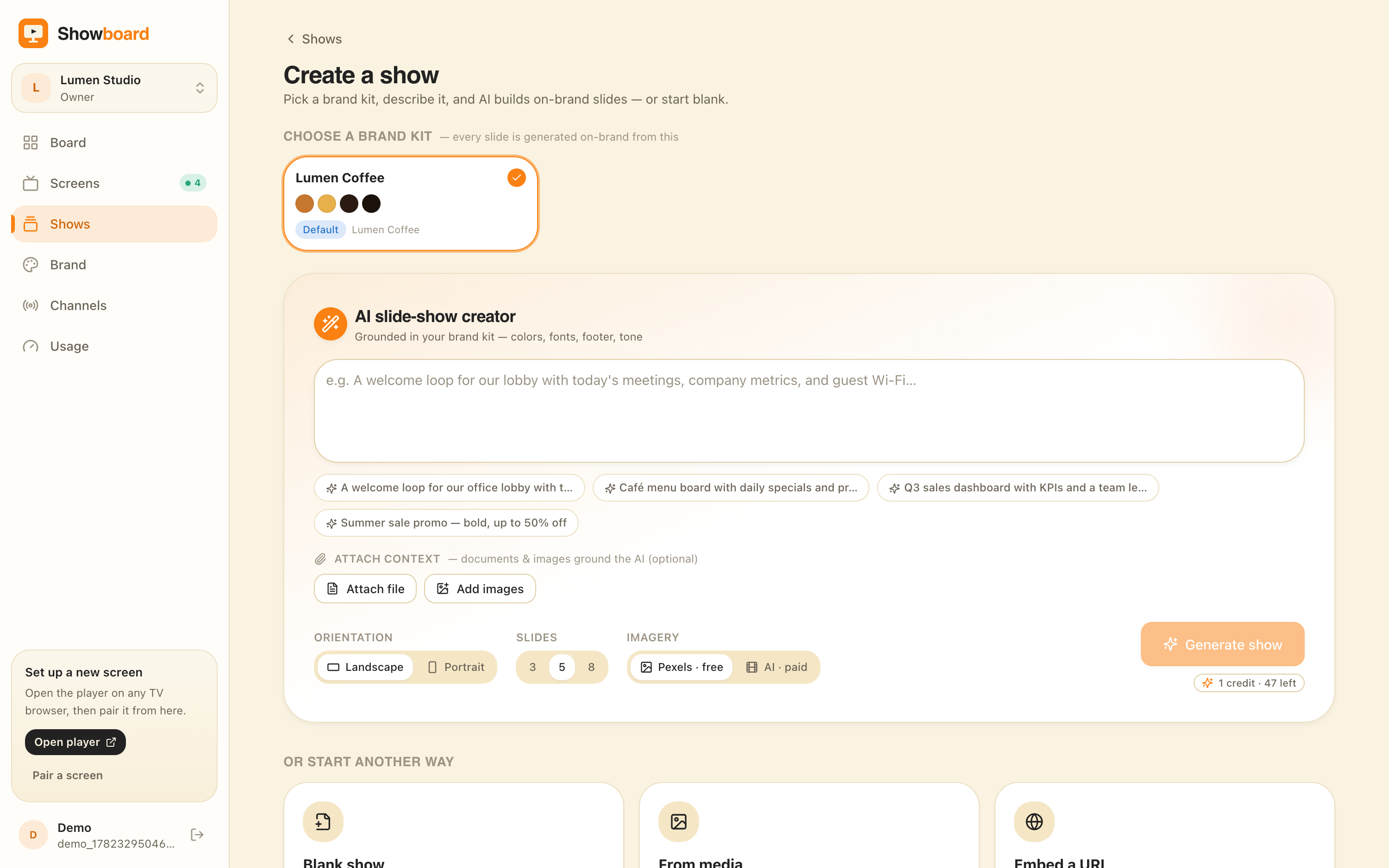 The ChannelOS AI new-show creator with a brand-kit grid and prompt box
