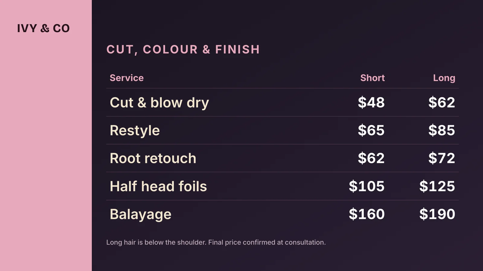 A salon price list template on a screen, with cut, colour and finish services priced in separate short hair and long hair columns