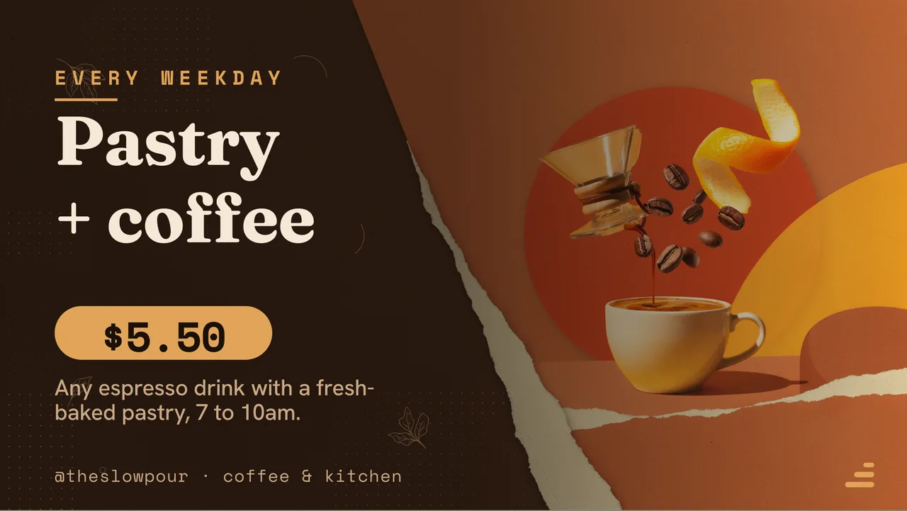 Cafe coffee menu board · Landscape for The Slow Pour: slide 3 of 4, the offer of the day with its price