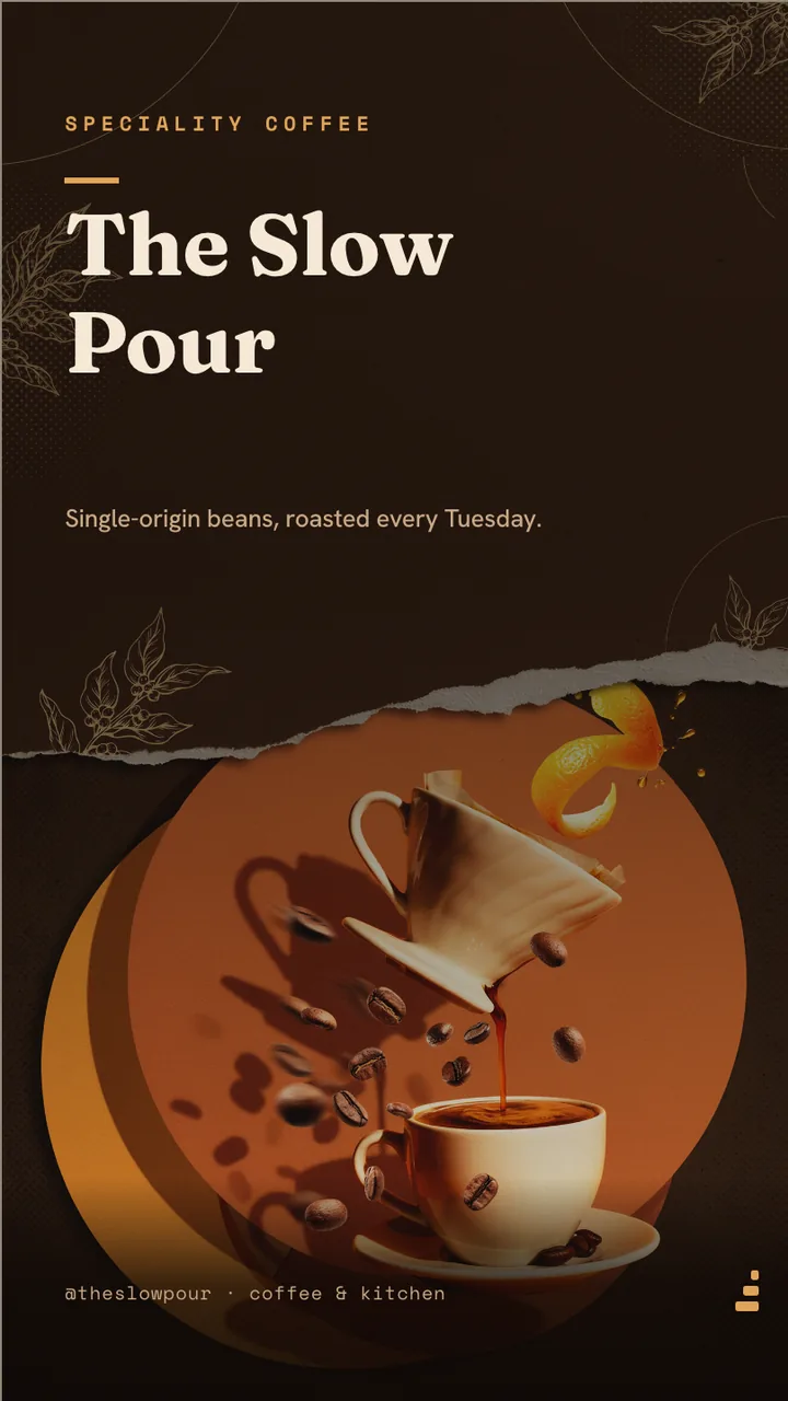 Cafe coffee menu board · Portrait for The Slow Pour: slide 1 of 4, the venue and what it is known for