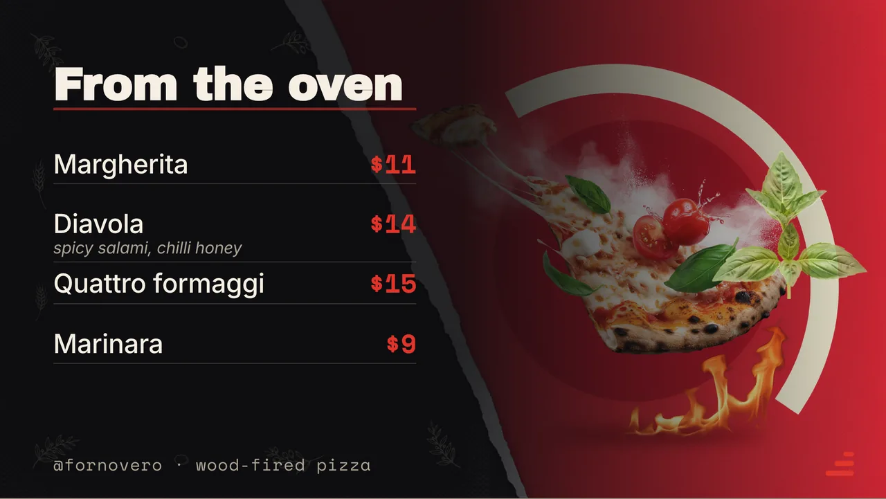 Wood-fired pizzeria menu board · Landscape for Forno Vero: slide 2 of 4, the priced menu of dishes