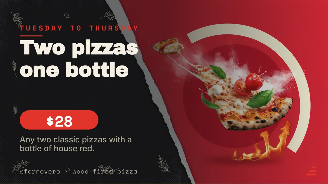 Wood-fired pizzeria menu board · Landscape for Forno Vero: slide 3 of 4, the offer of the day with its price