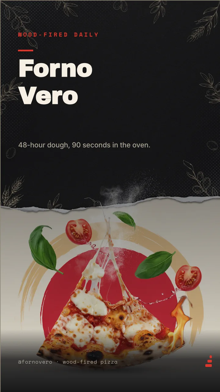 Wood-fired pizzeria menu board · Portrait for Forno Vero: slide 1 of 4, the venue and what it is known for