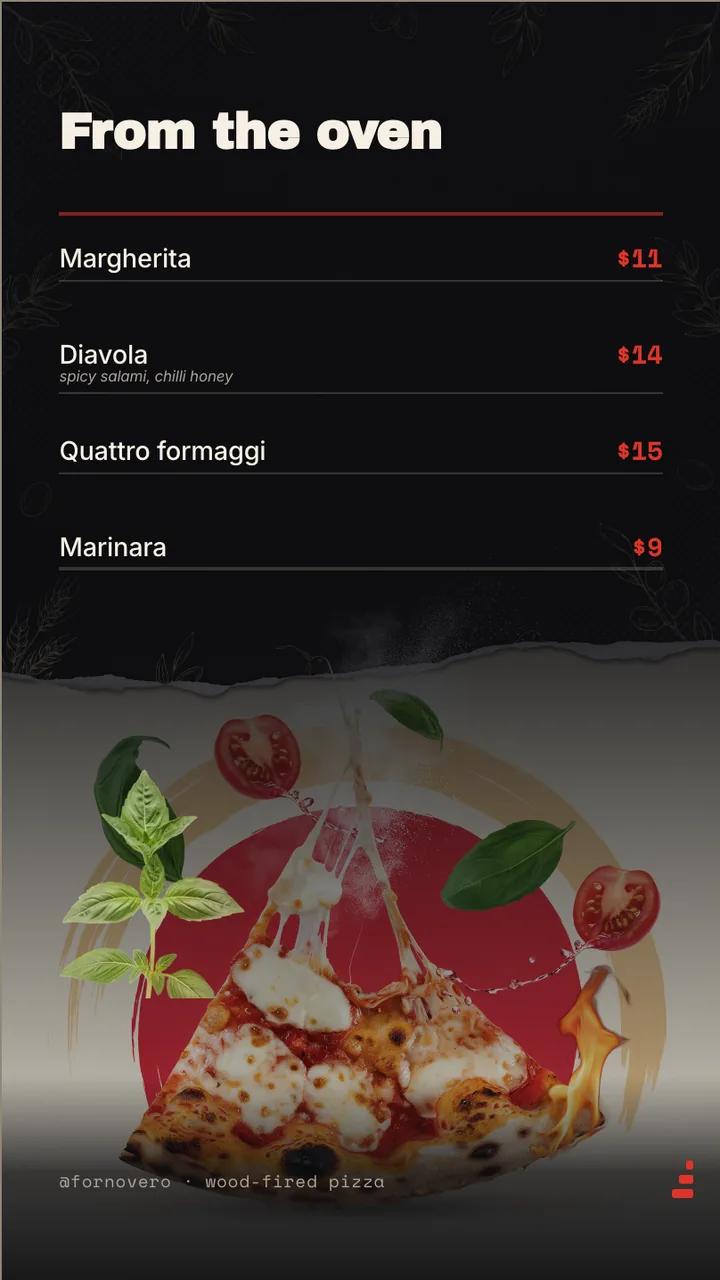Wood-fired pizzeria menu board · Portrait for Forno Vero: slide 2 of 4, the priced menu of dishes