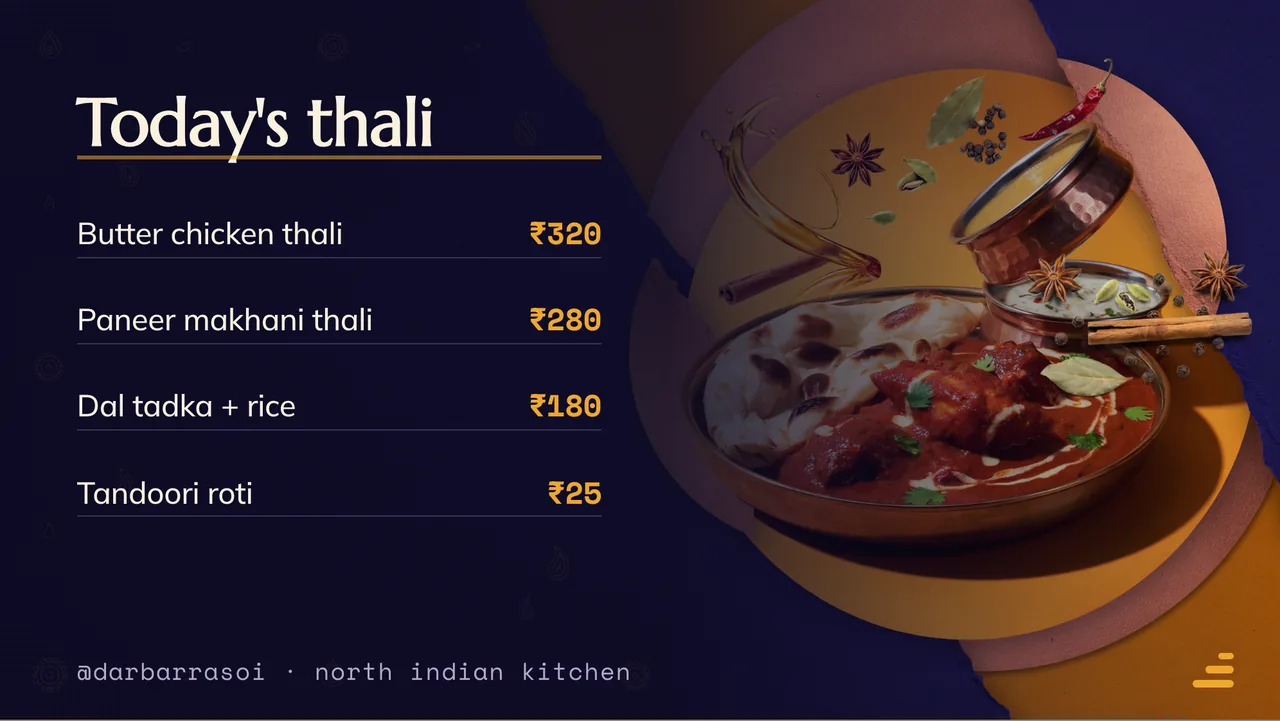 North Indian thali menu board · Landscape for Darbar Rasoi: slide 2 of 4, the priced menu of dishes