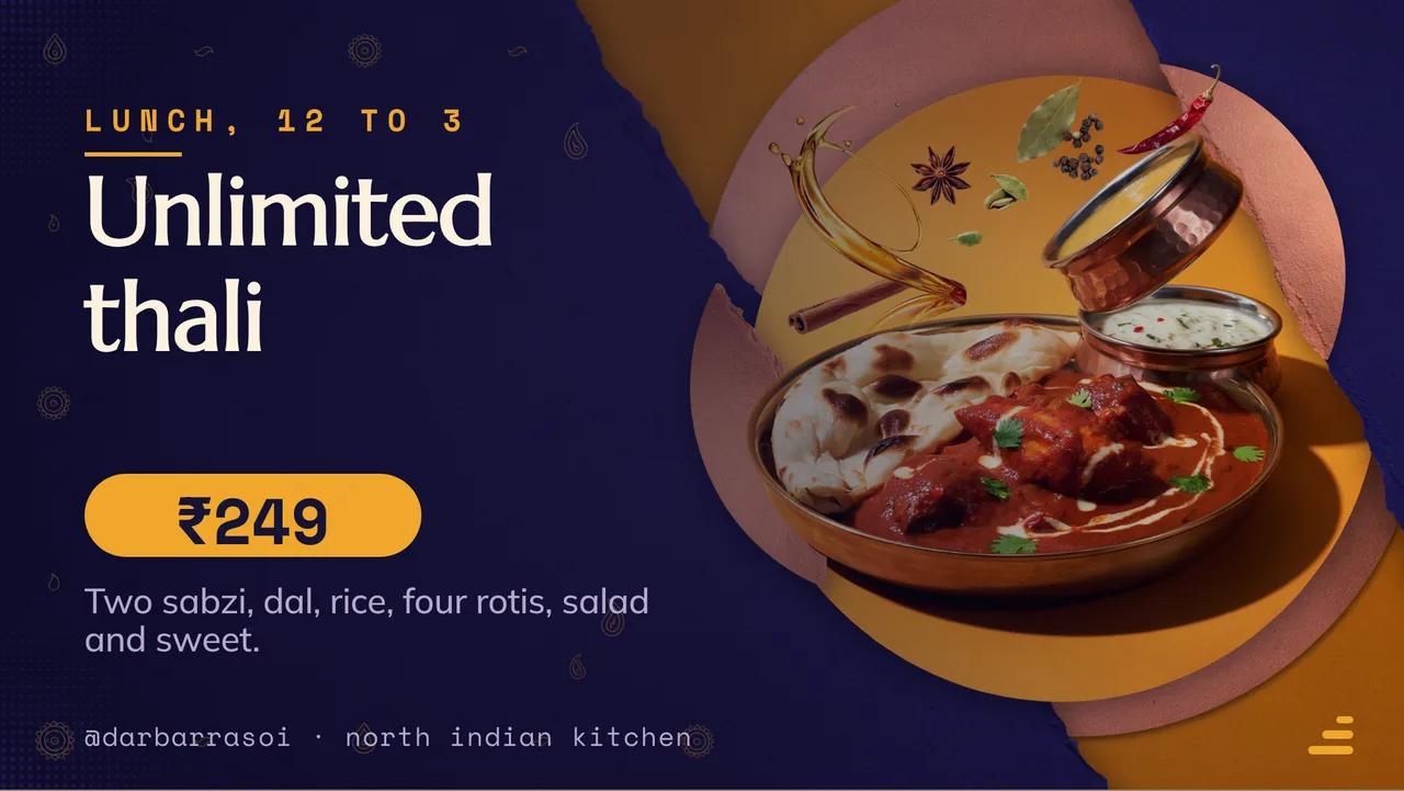 North Indian thali menu board · Landscape for Darbar Rasoi: slide 3 of 4, the offer of the day with its price