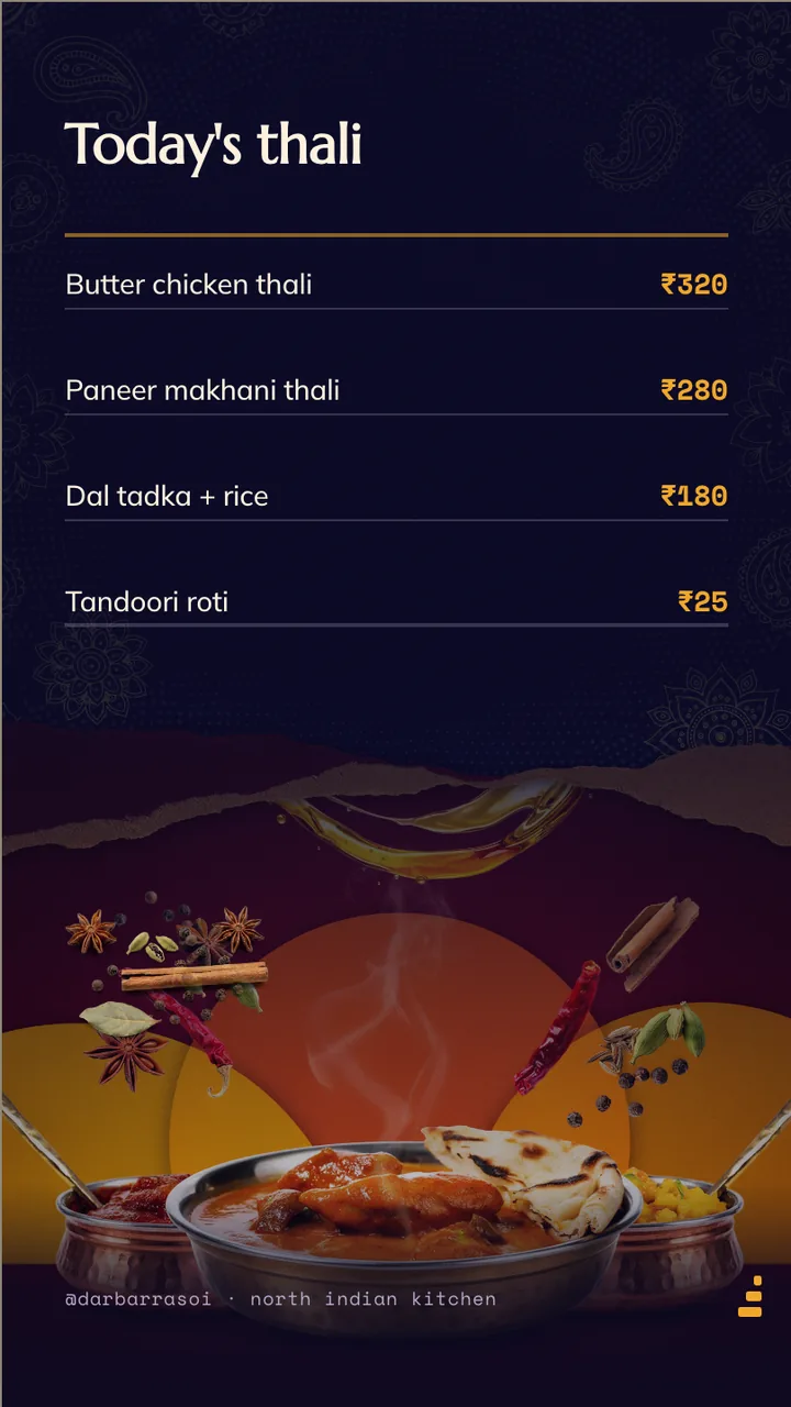 North Indian thali menu board · Portrait for Darbar Rasoi: slide 2 of 4, the priced menu of dishes