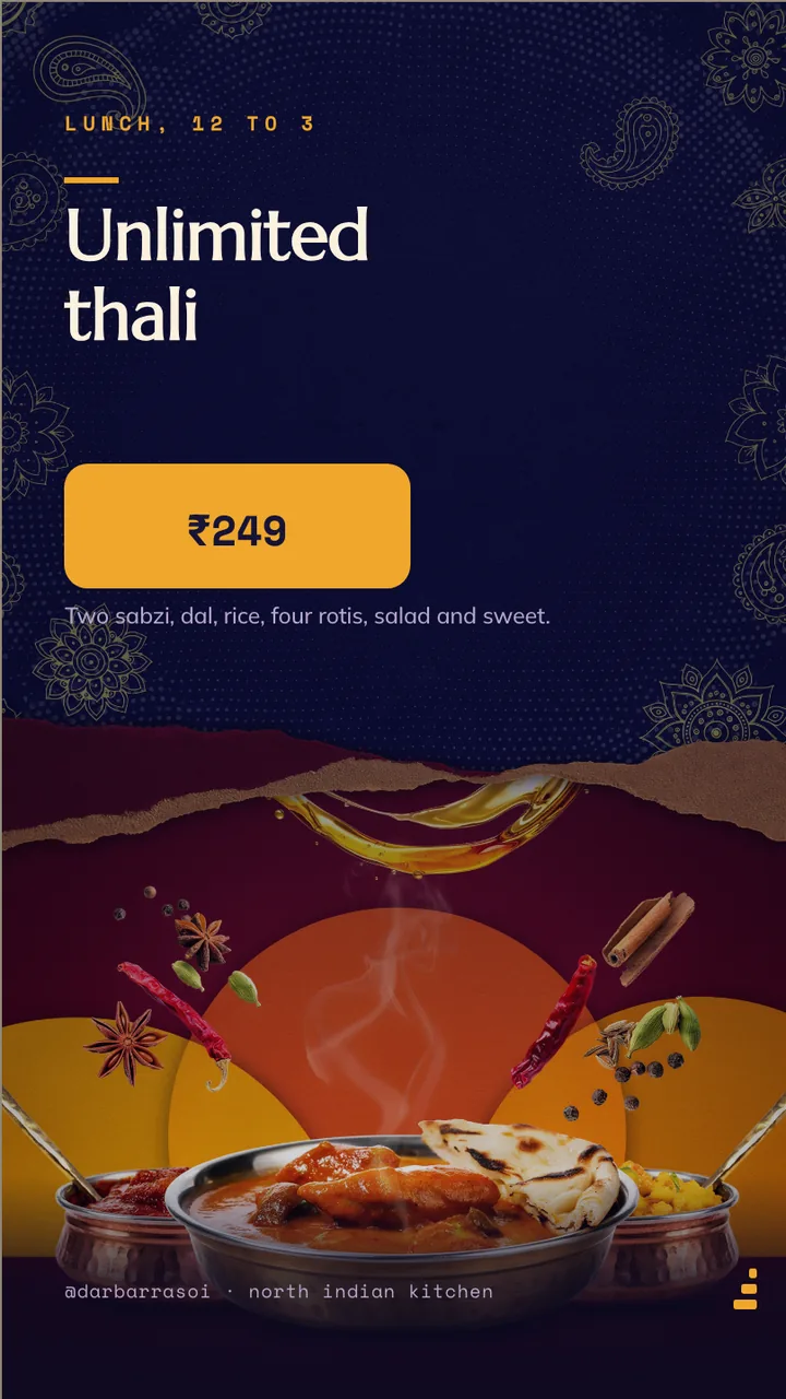 North Indian thali menu board · Portrait for Darbar Rasoi: slide 3 of 4, the offer of the day with its price