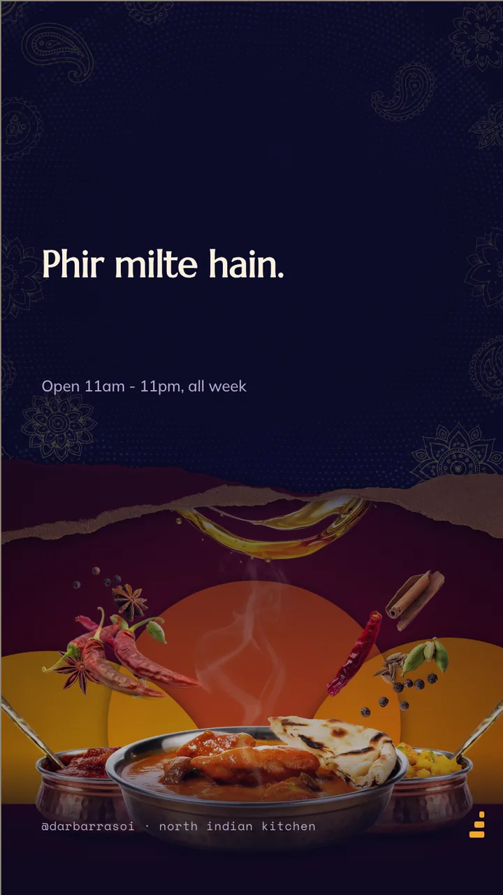North Indian thali menu board · Portrait for Darbar Rasoi: slide 4 of 4, the sign-off with opening hours