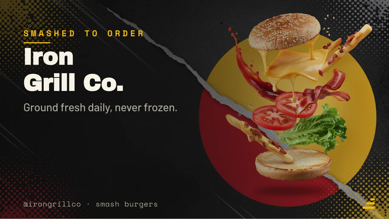 Smash burger counter menu board · Landscape for Iron Grill Co.: slide 1 of 4, the venue and what it is known for