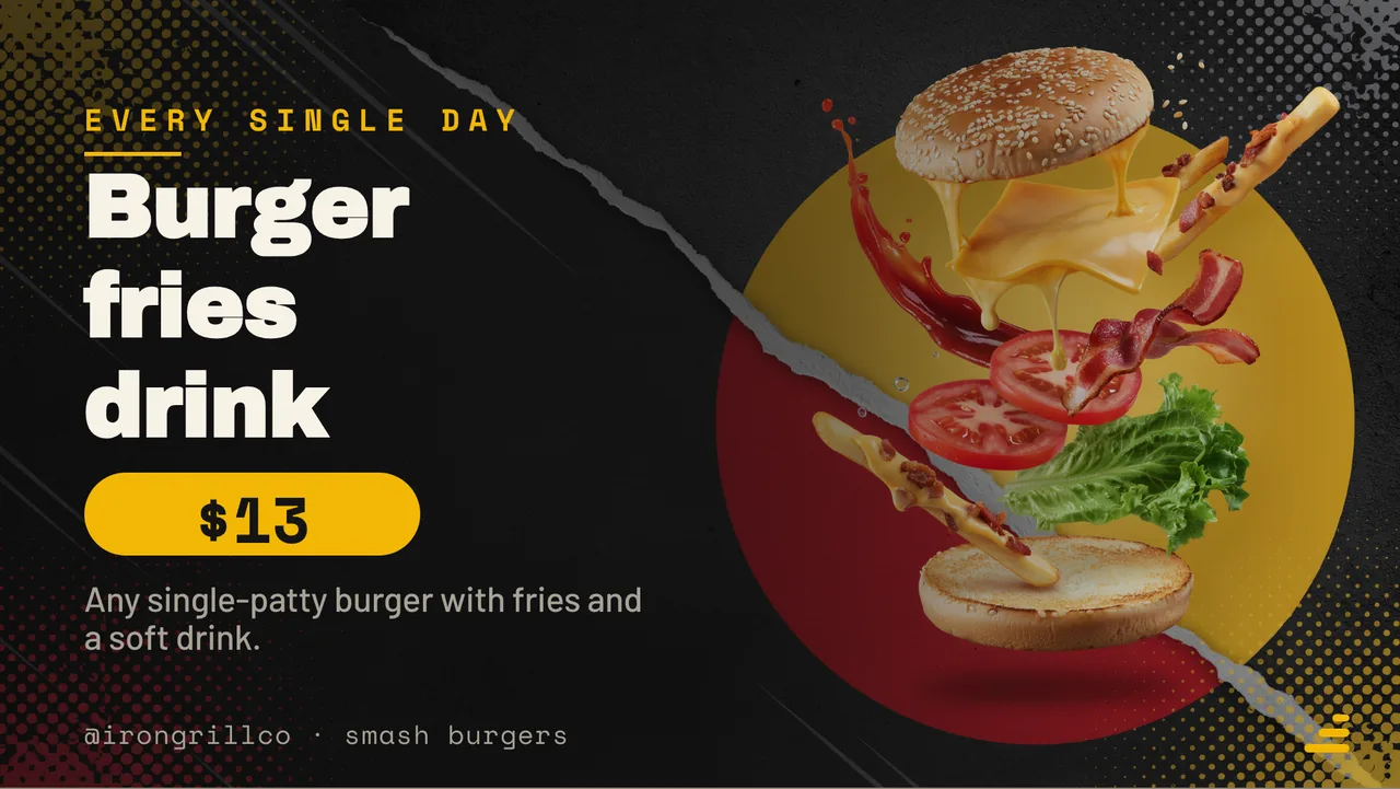 Smash burger counter menu board · Landscape for Iron Grill Co.: slide 3 of 4, the offer of the day with its price