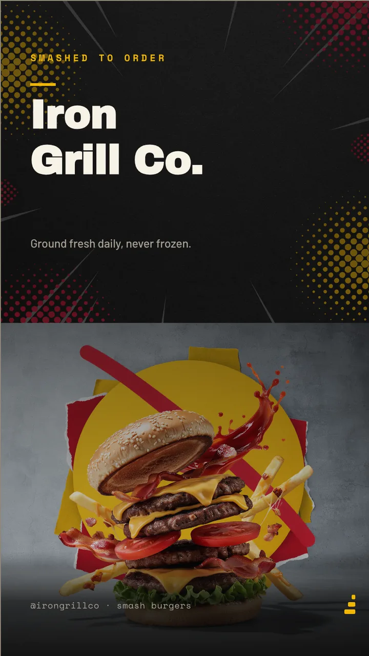 Smash burger counter menu board · Portrait for Iron Grill Co.: slide 1 of 4, the venue and what it is known for