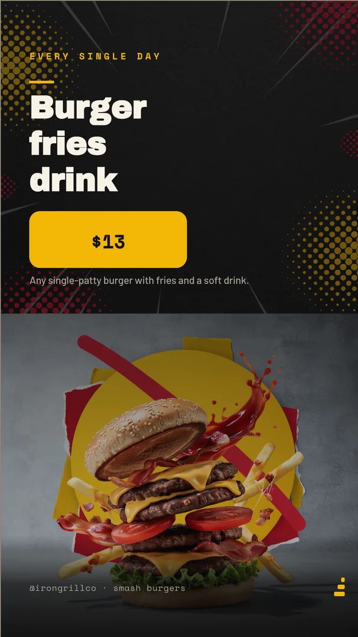 Smash burger counter menu board · Portrait for Iron Grill Co.: slide 3 of 4, the offer of the day with its price