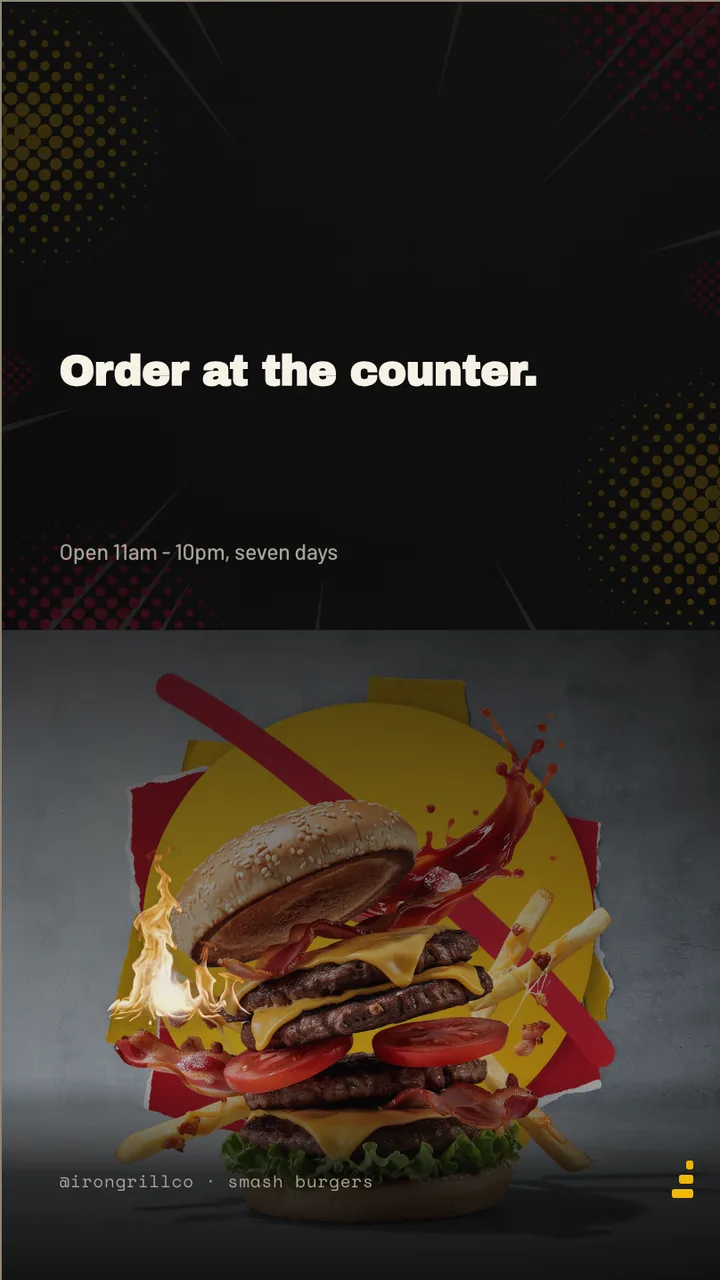 Smash burger counter menu board · Portrait for Iron Grill Co.: slide 4 of 4, the sign-off with opening hours