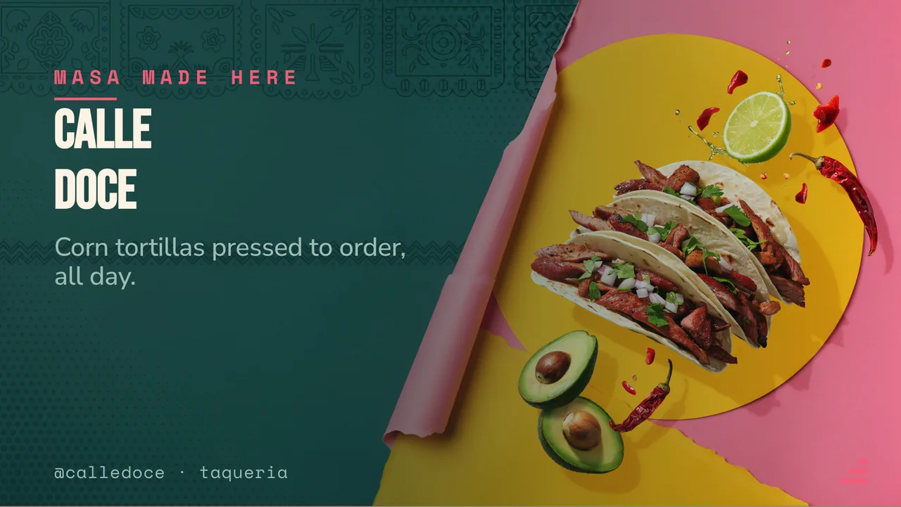 Taqueria street taco menu board · Landscape for Calle Doce: slide 1 of 4, the venue and what it is known for