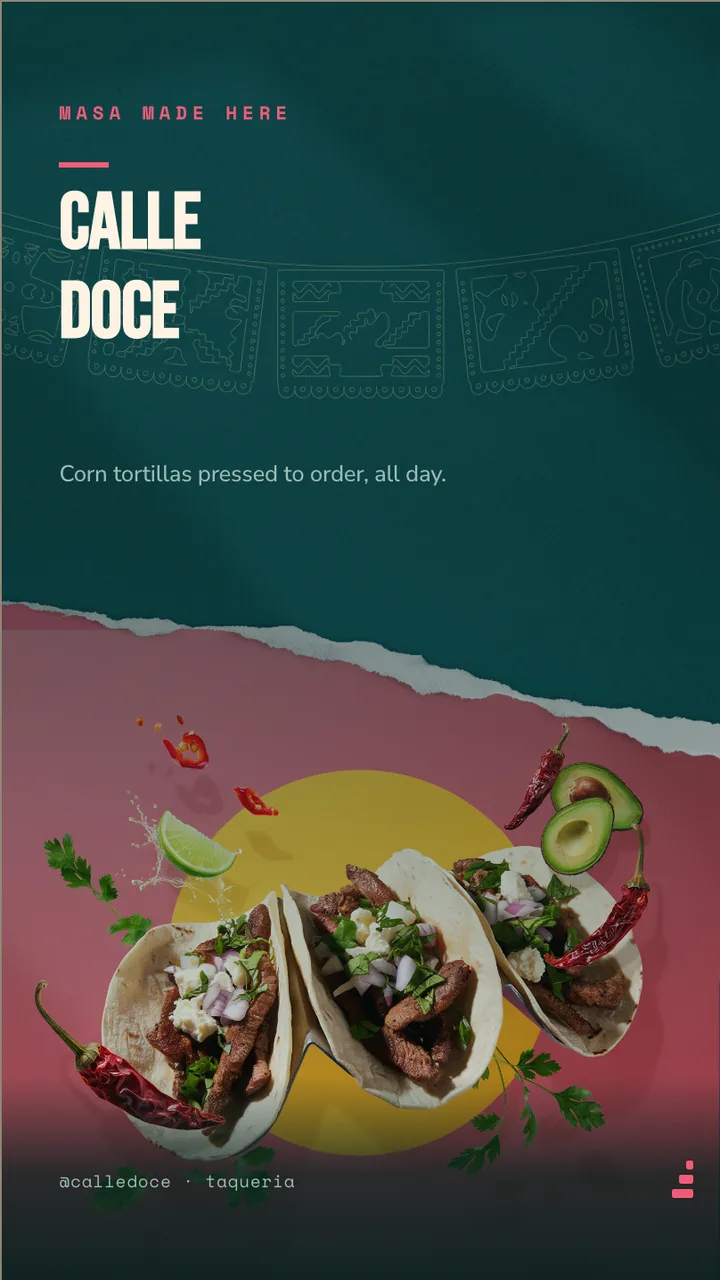 Taqueria street taco menu board · Portrait for Calle Doce: slide 1 of 4, the venue and what it is known for