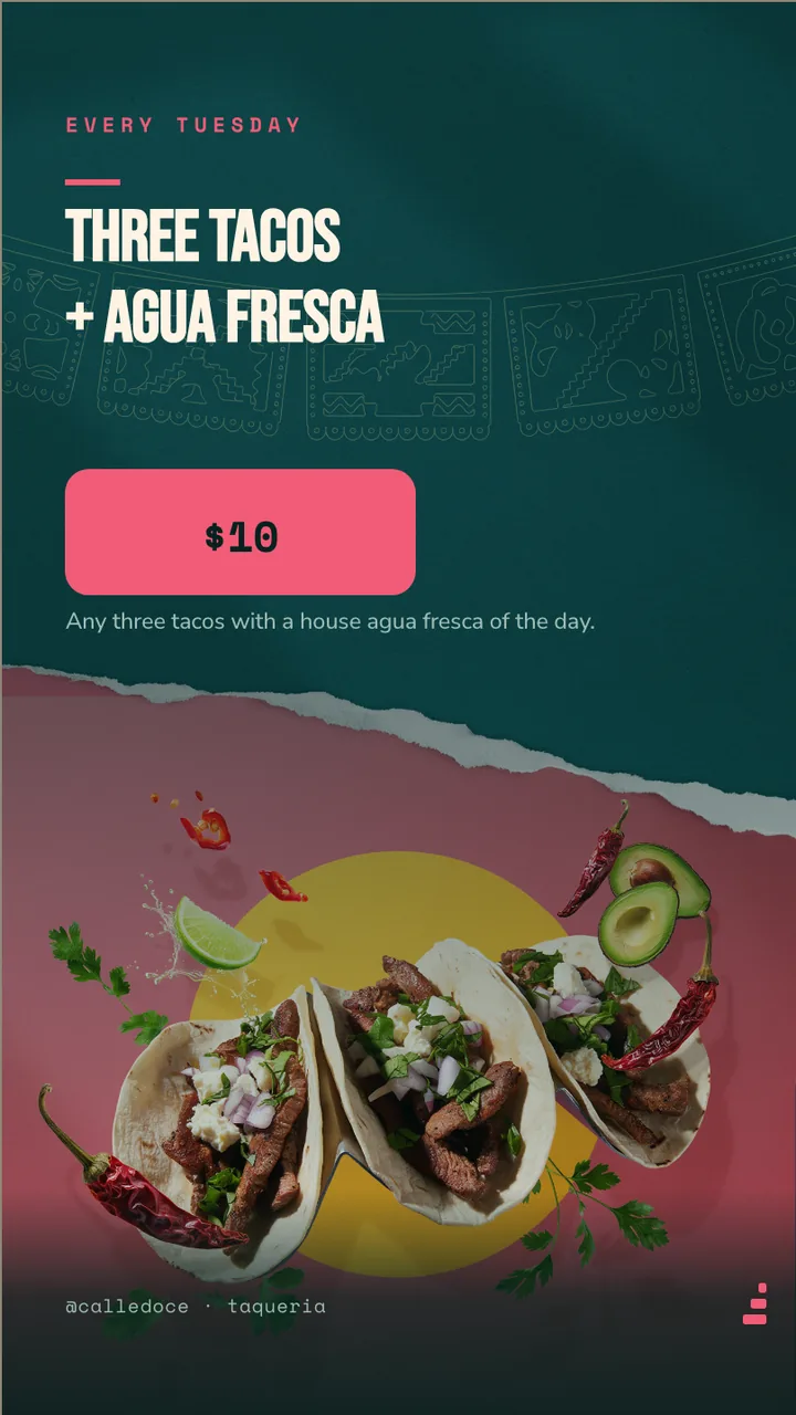 Taqueria street taco menu board · Portrait for Calle Doce: slide 3 of 4, the offer of the day with its price