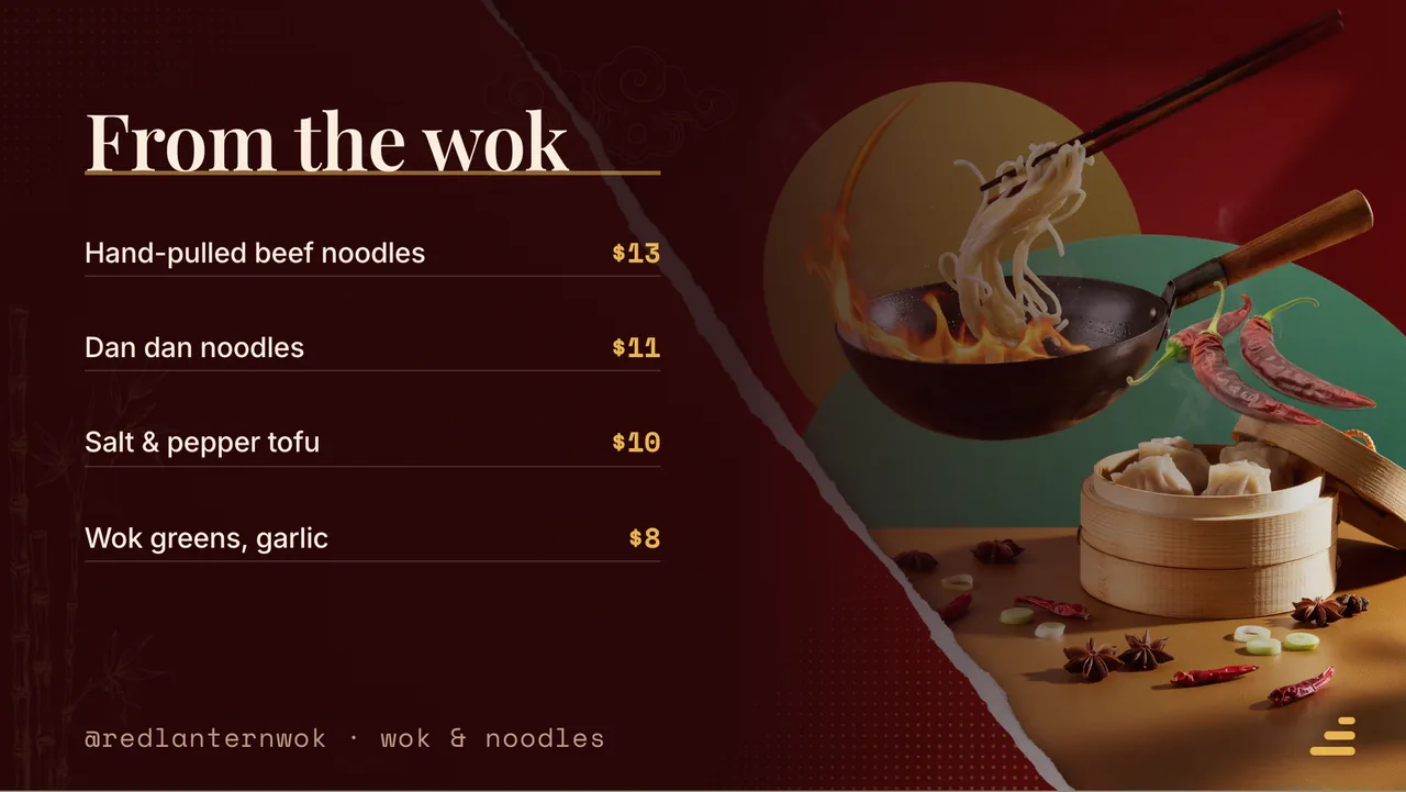Wok and noodle house menu board · Landscape for Red Lantern Wok: slide 2 of 4, the priced menu of dishes