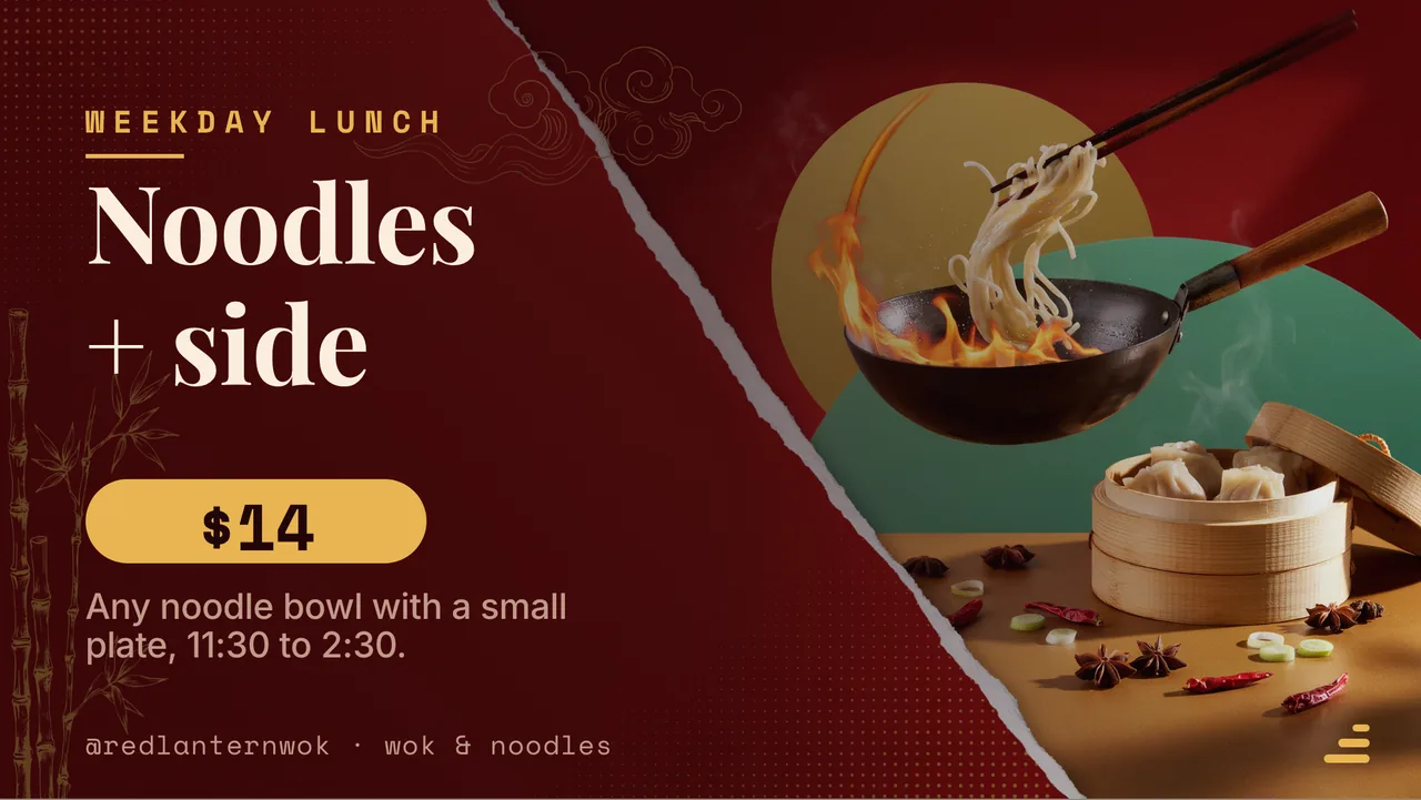 Wok and noodle house menu board · Landscape for Red Lantern Wok: slide 3 of 4, the offer of the day with its price