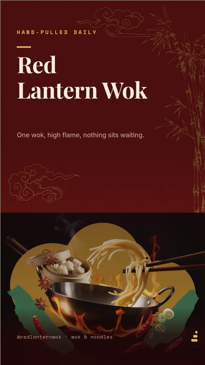 Wok and noodle house menu board · Portrait for Red Lantern Wok: slide 1 of 4, the venue and what it is known for