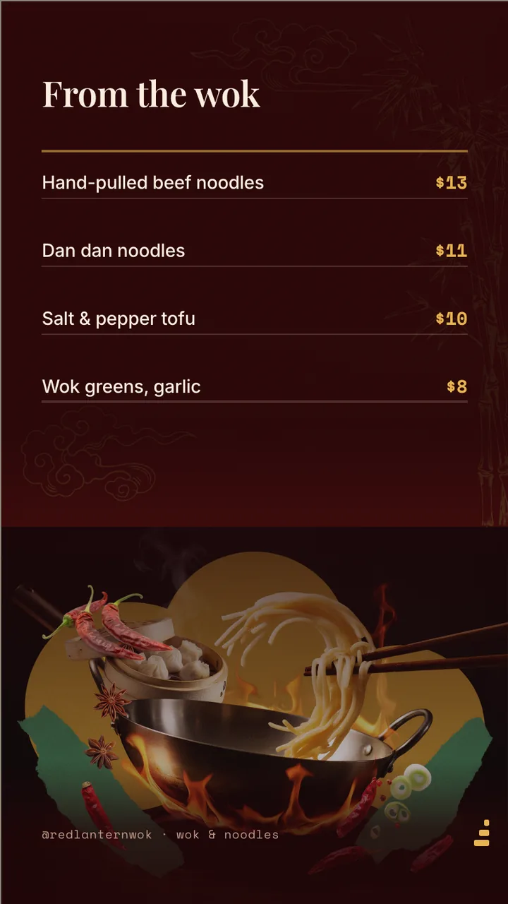 Wok and noodle house menu board · Portrait for Red Lantern Wok: slide 2 of 4, the priced menu of dishes