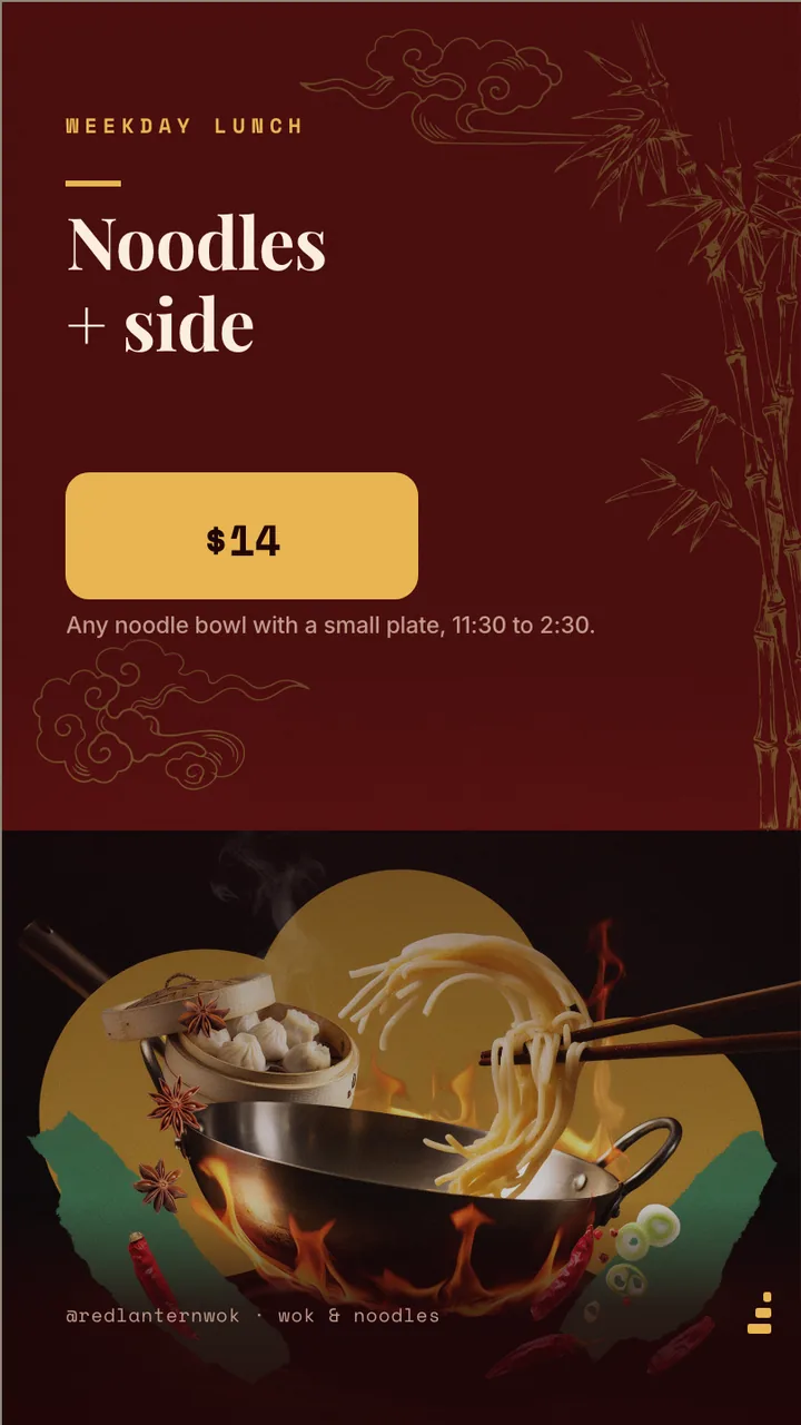 Wok and noodle house menu board · Portrait for Red Lantern Wok: slide 3 of 4, the offer of the day with its price