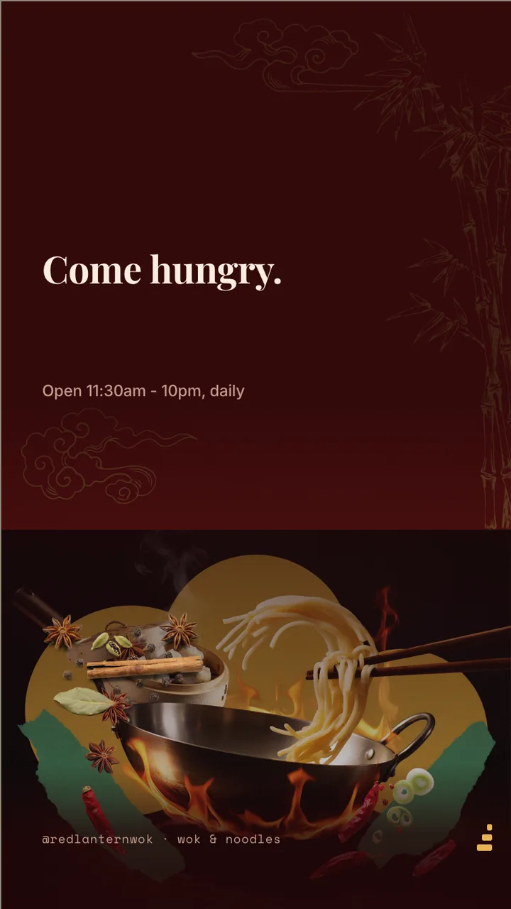 Wok and noodle house menu board · Portrait for Red Lantern Wok: slide 4 of 4, the sign-off with opening hours