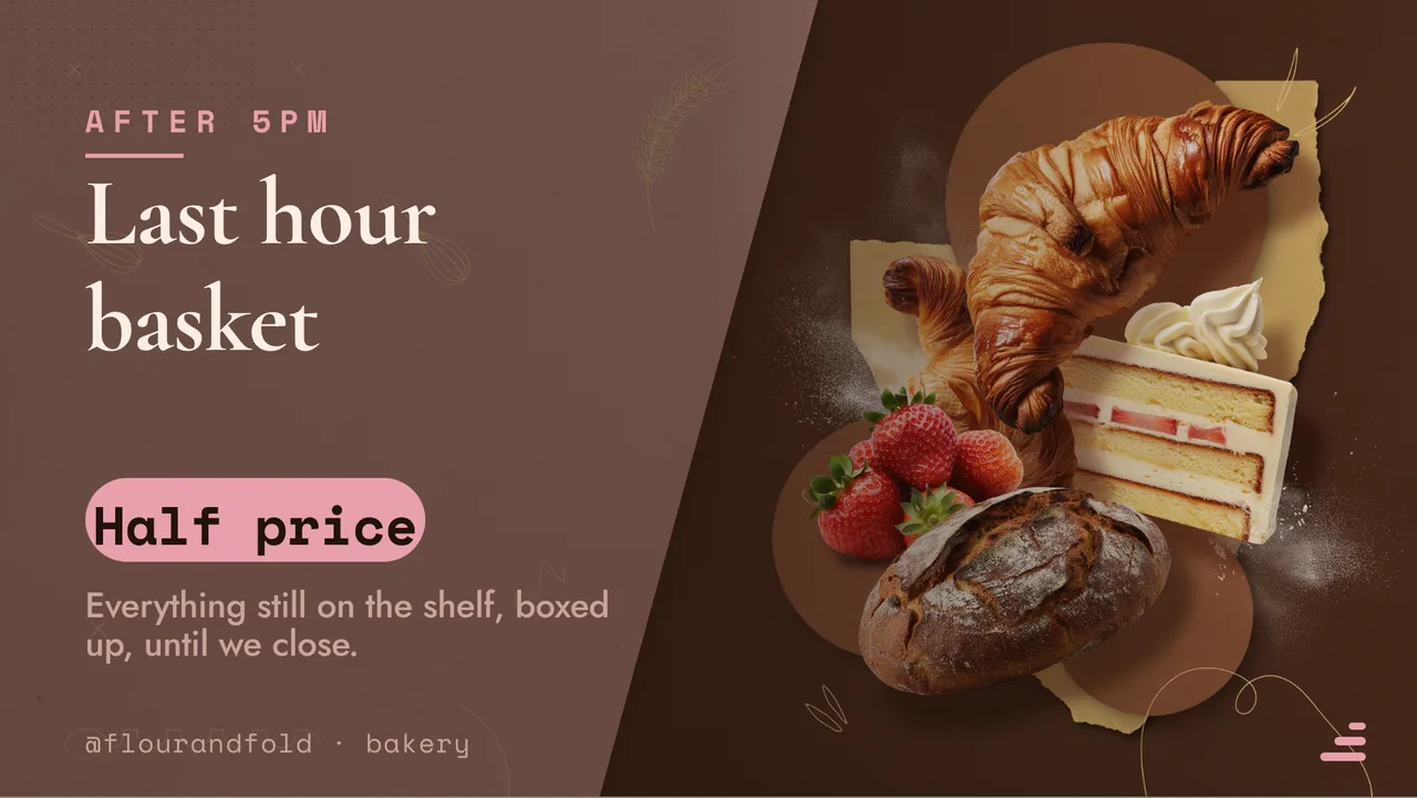 Artisan bakery counter menu board · Landscape for Flour & Fold: slide 3 of 4, the offer of the day with its price