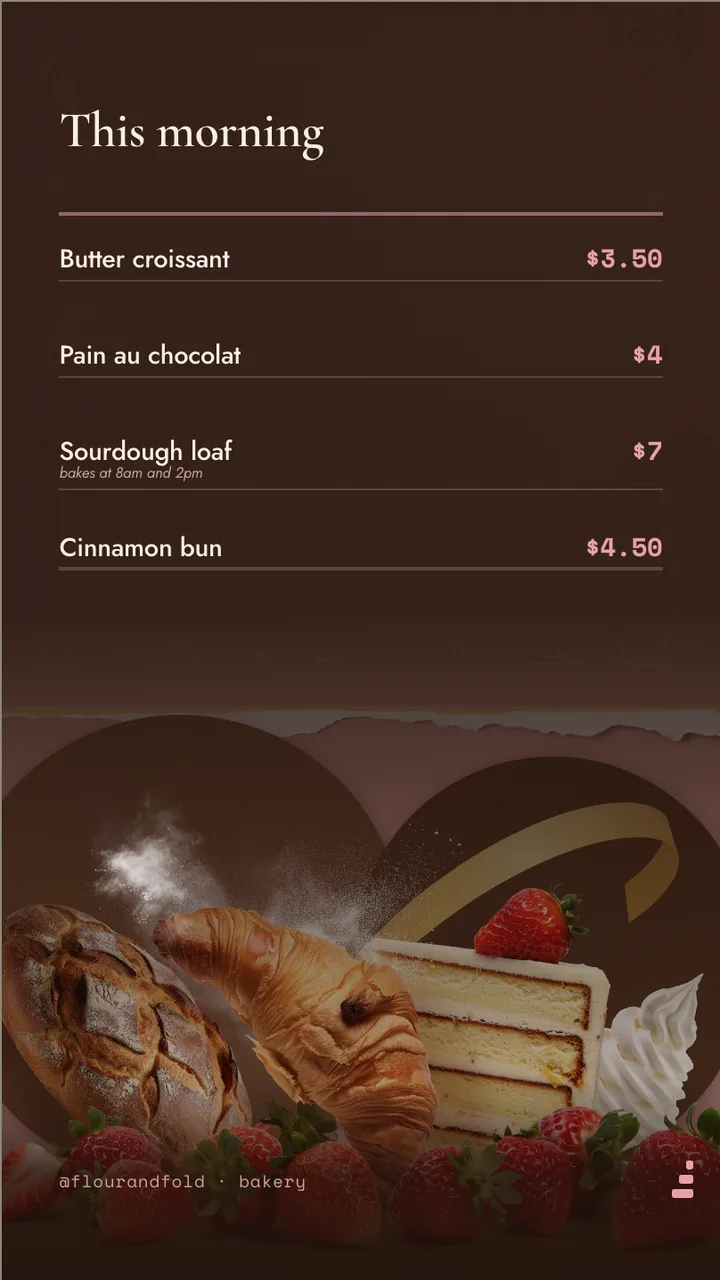 Artisan bakery counter menu board · Portrait for Flour & Fold: slide 2 of 4, the priced menu of dishes