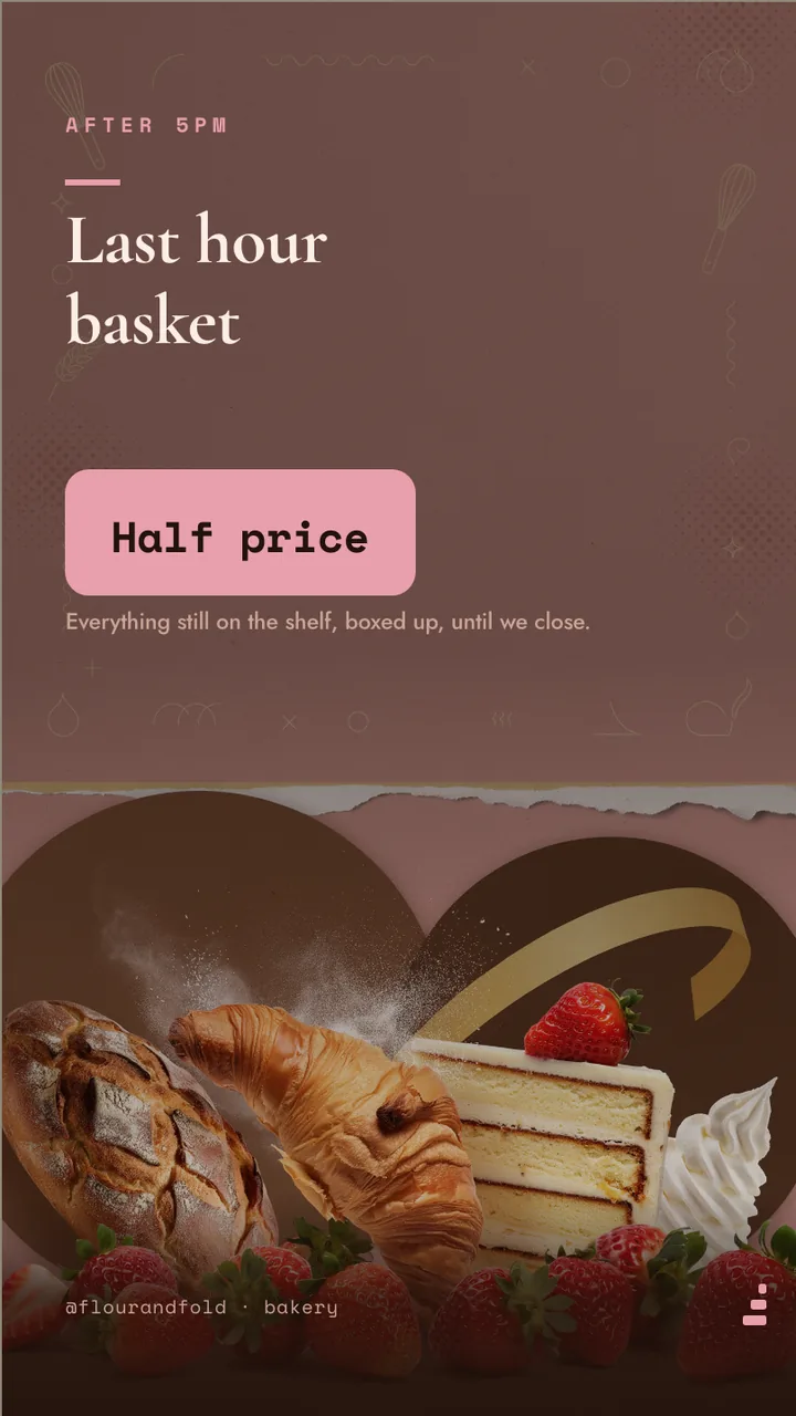 Artisan bakery counter menu board · Portrait for Flour & Fold: slide 3 of 4, the offer of the day with its price