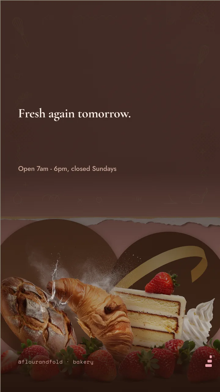 Artisan bakery counter menu board · Portrait for Flour & Fold: slide 4 of 4, the sign-off with opening hours
