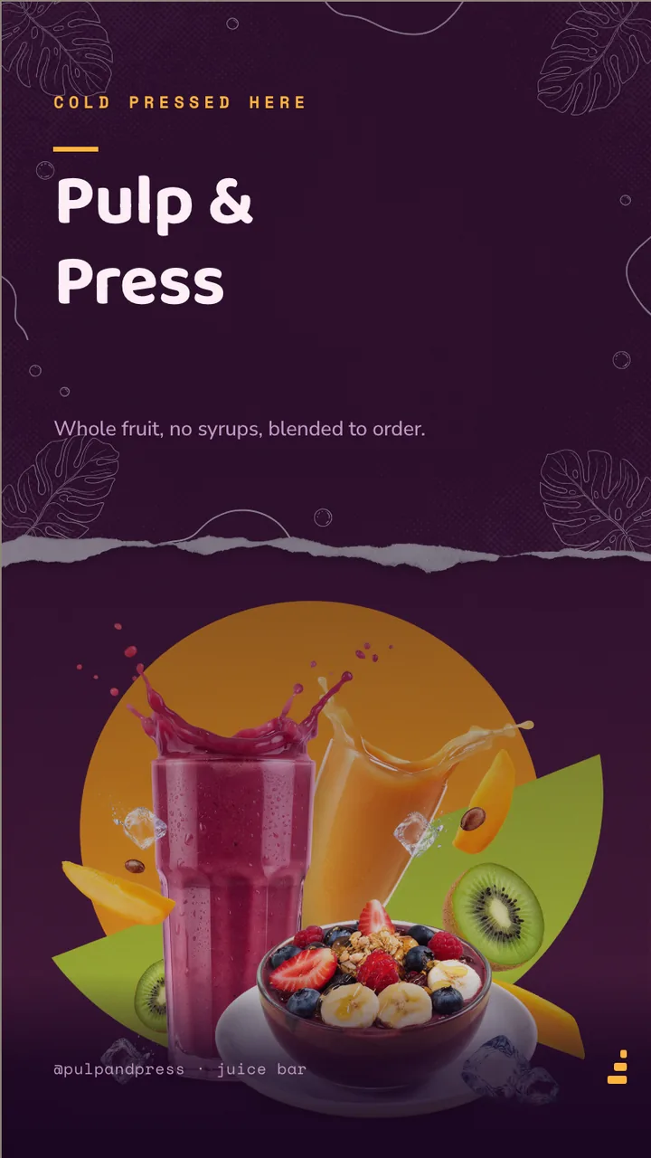 Juice bar smoothie menu board · Portrait for Pulp & Press: slide 1 of 4, the venue and what it is known for