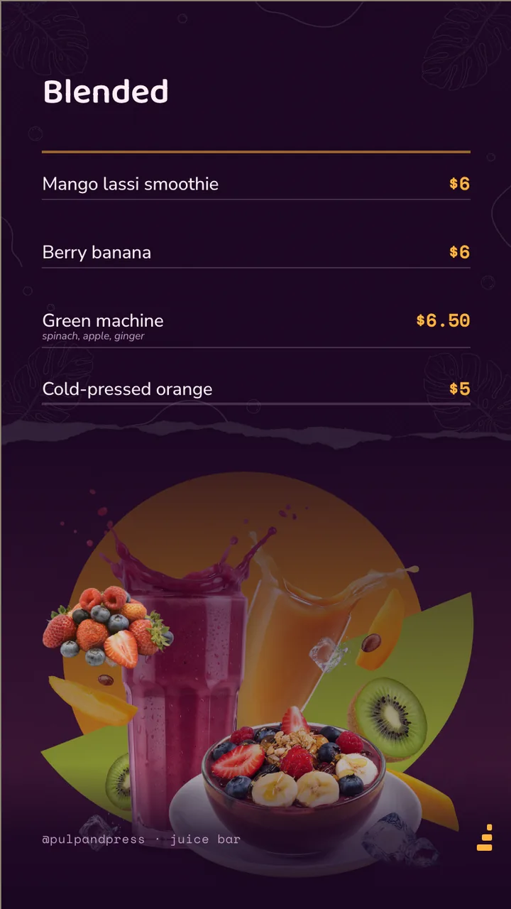 Juice bar smoothie menu board · Portrait for Pulp & Press: slide 2 of 4, the priced menu of dishes