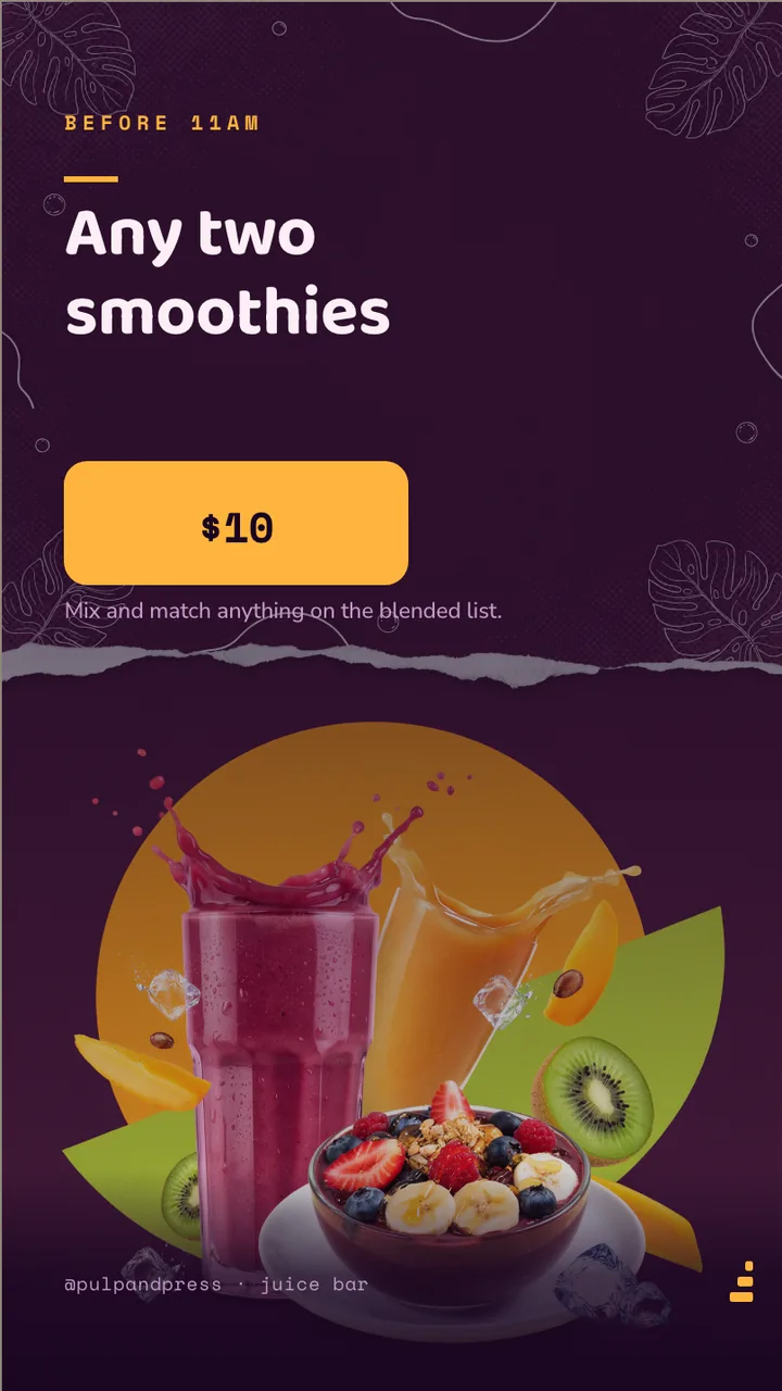 Juice bar smoothie menu board · Portrait for Pulp & Press: slide 3 of 4, the offer of the day with its price