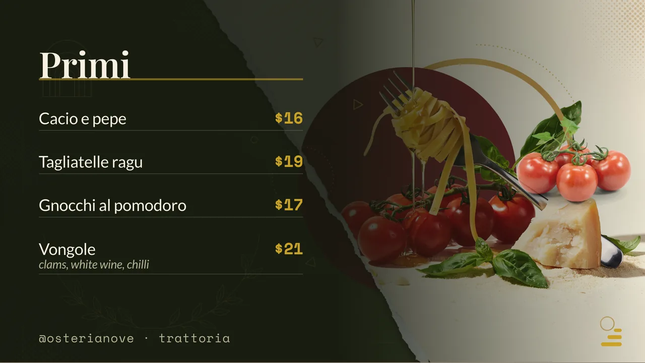 Trattoria pasta menu board · Landscape for Osteria Nove: slide 2 of 4, the priced menu of dishes