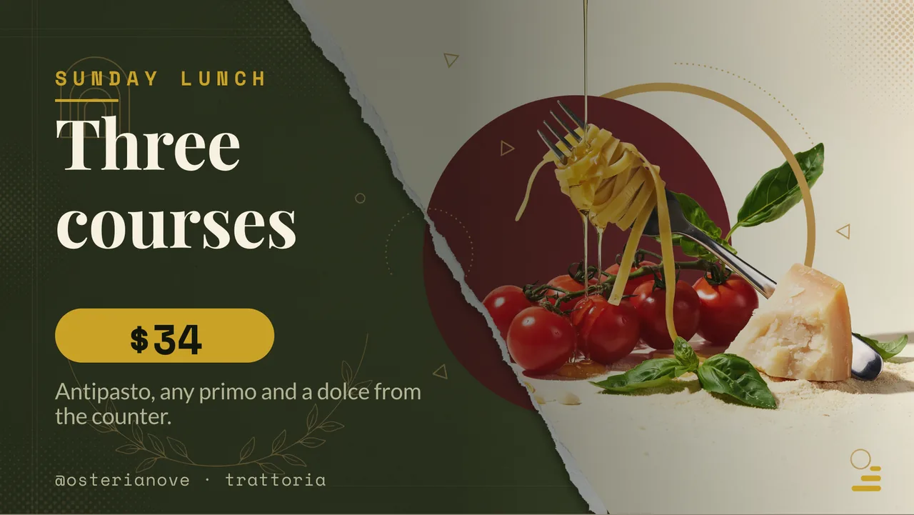 Trattoria pasta menu board · Landscape for Osteria Nove: slide 3 of 4, the offer of the day with its price