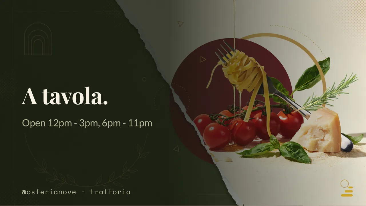 Trattoria pasta menu board · Landscape for Osteria Nove: slide 4 of 4, the sign-off with opening hours