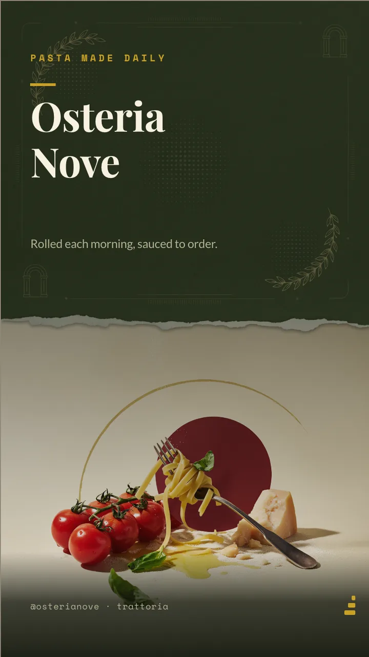 Trattoria pasta menu board · Portrait for Osteria Nove: slide 1 of 4, the venue and what it is known for