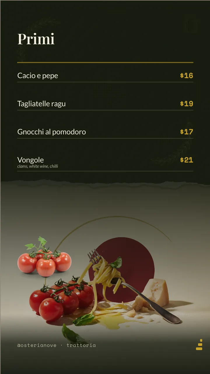 Trattoria pasta menu board · Portrait for Osteria Nove: slide 2 of 4, the priced menu of dishes