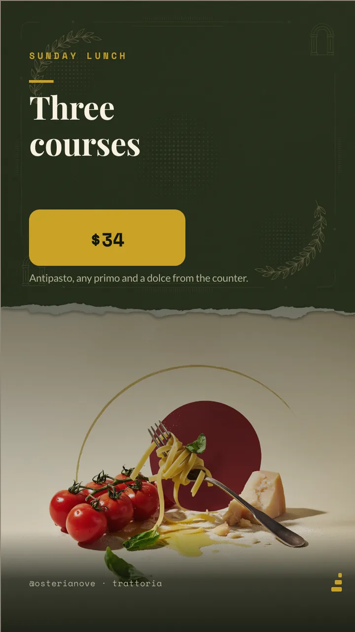 Trattoria pasta menu board · Portrait for Osteria Nove: slide 3 of 4, the offer of the day with its price