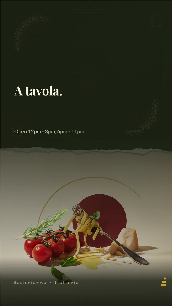Trattoria pasta menu board · Portrait for Osteria Nove: slide 4 of 4, the sign-off with opening hours