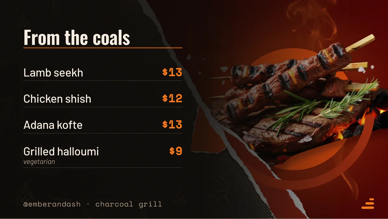 Charcoal grill kebab menu board · Landscape for Ember & Ash: slide 2 of 4, the priced menu of dishes