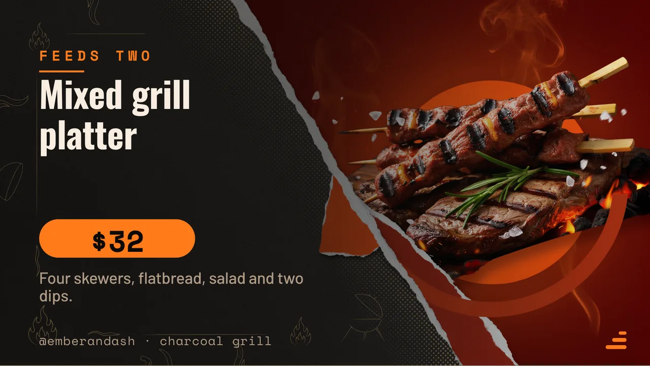 Charcoal grill kebab menu board · Landscape for Ember & Ash: slide 3 of 4, the offer of the day with its price