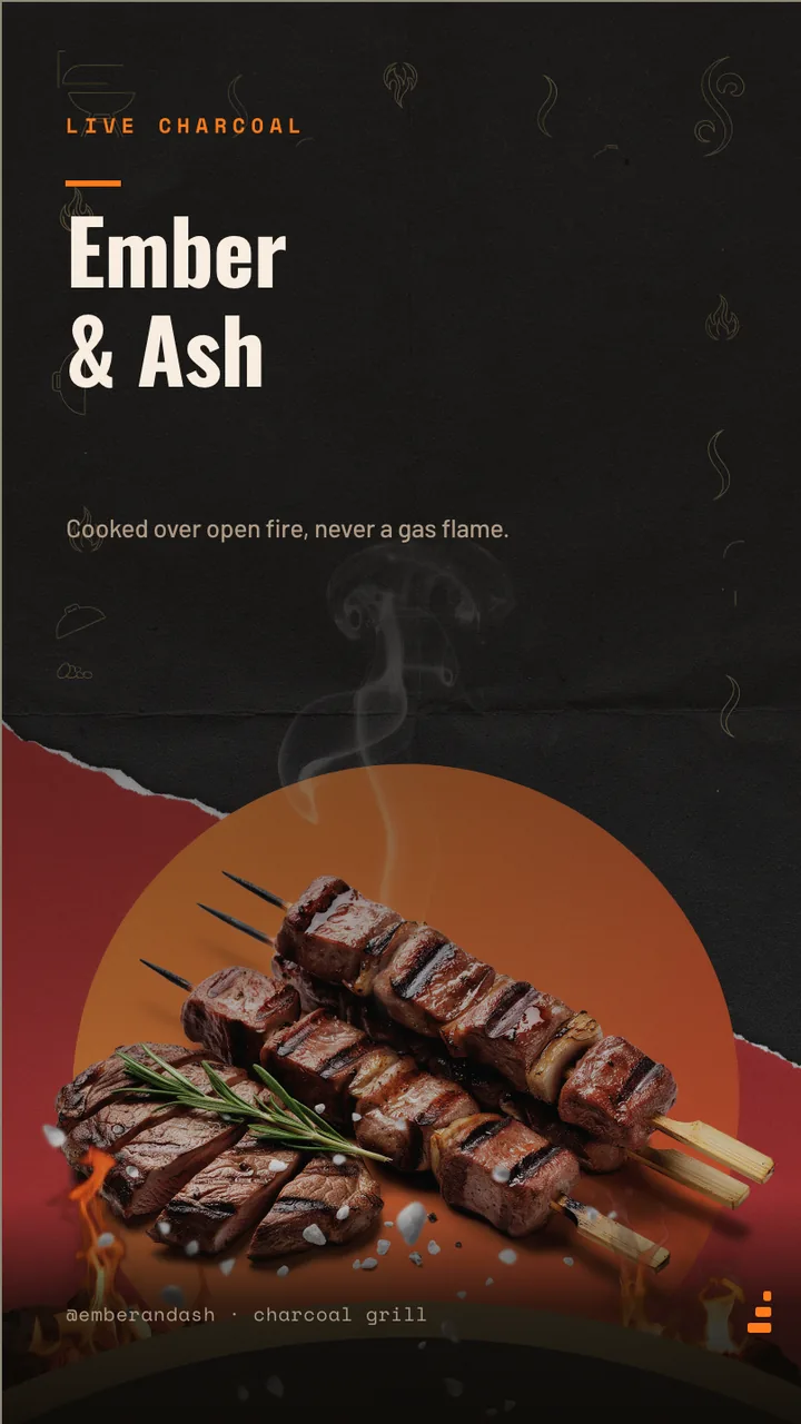 Charcoal grill kebab menu board · Portrait for Ember & Ash: slide 1 of 4, the venue and what it is known for