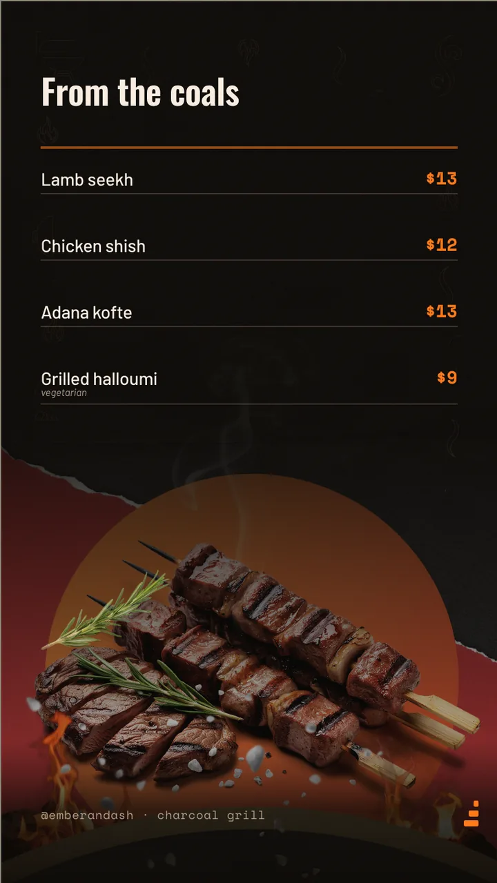Charcoal grill kebab menu board · Portrait for Ember & Ash: slide 2 of 4, the priced menu of dishes